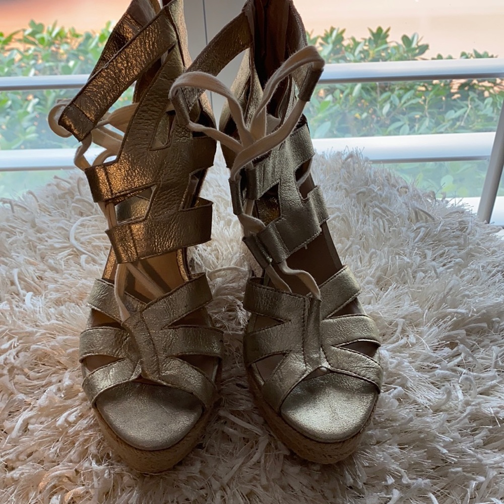 Gold lace up wedges